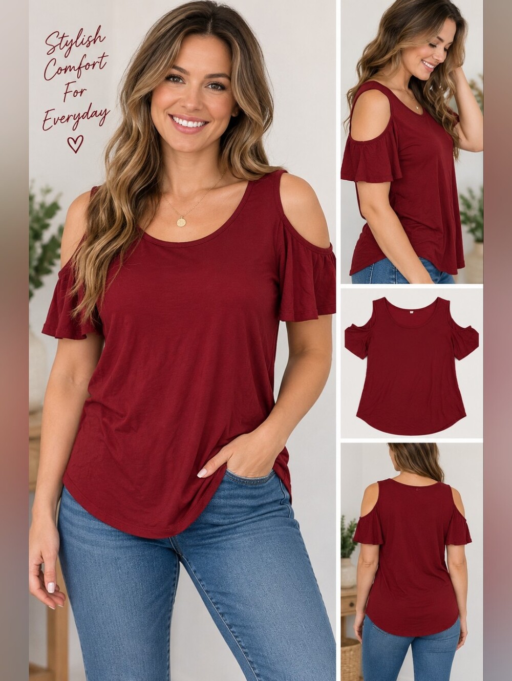 New fashion classic Women's medium red cold shoulder blouse #03